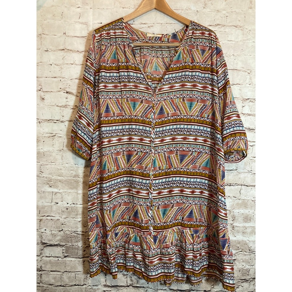 ba&sh Poppy Dress Large Rust Aztec Print Ruffle Hem Peasant Prairie Lightweight